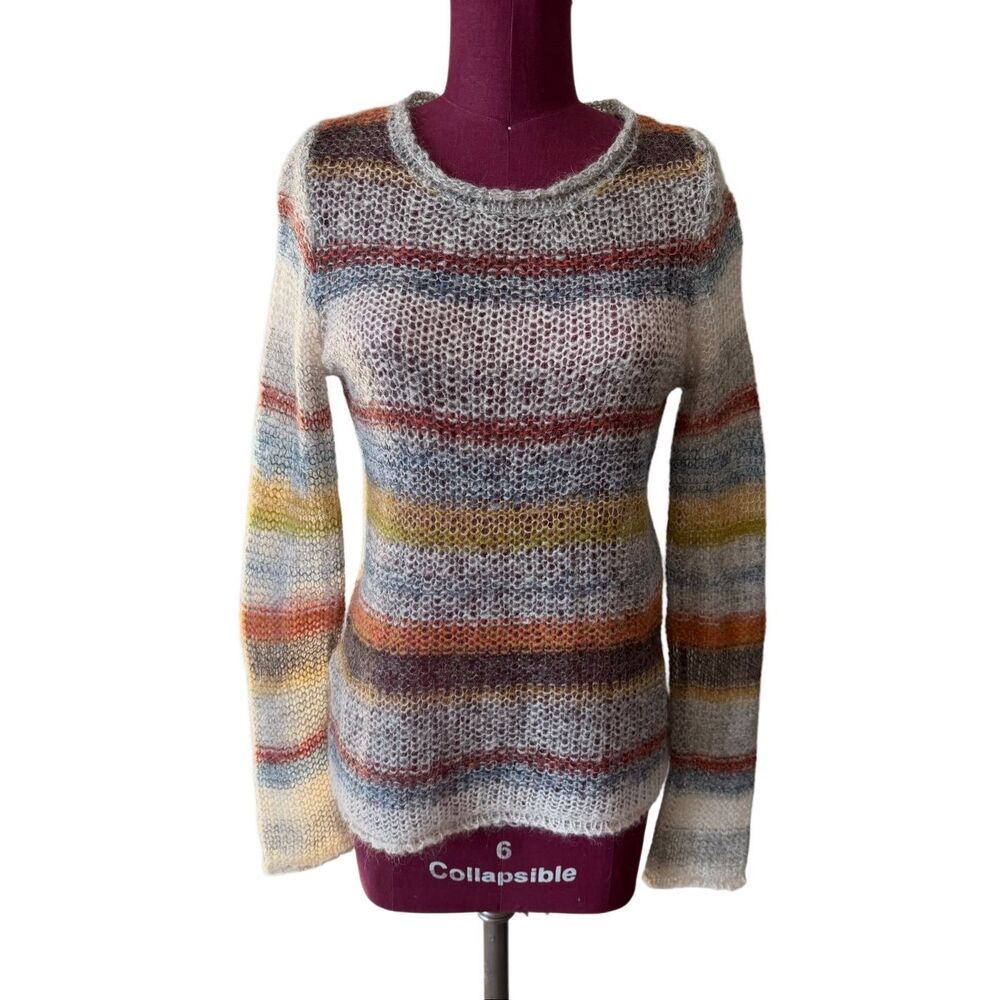 Anthropologie MOTH Sweater Crewneck Raya Striped Open Knit Wool Mohair size Medi - Picture 2 of 7